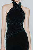 Mermaid Dark Green Velvet Halter Formal Dress