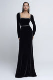 Velvet Long Sleeve Black Tie Dress with Beading