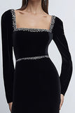 Velvet Long Sleeve Black Tie Dress with Beading