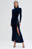 Navy Sheath Velvet Long Sleeve Formal Dress With Slit