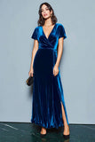 Dark Blue A-Line Velvet Holiday Party Dress With Slit