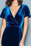 Dark Blue A-Line Velvet Holiday Party Dress With Slit