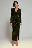 Olive Ruched Sheath Long Sleeve Velvet Formal Dress with Slit