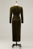 Olive Ruched Sheath Long Sleeve Velvet Formal Dress with Slit