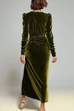 Olive Ruched Sheath Long Sleeve Velvet Formal Dress with Slit