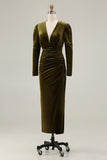 Olive Ruched Sheath Long Sleeve Velvet Formal Dress with Slit