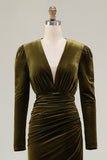 Olive Ruched Sheath Long Sleeve Velvet Formal Dress with Slit