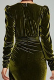 Olive Ruched Sheath Long Sleeve Velvet Formal Dress with Slit