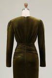 Olive Ruched Sheath Long Sleeve Velvet Formal Dress with Slit