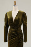 Olive Ruched Sheath Long Sleeve Velvet Formal Dress with Slit