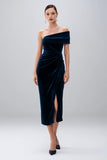 One Shoulder Navy Velvet Semi-Formal Dress With Slit