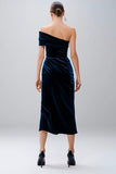 One Shoulder Navy Velvet Semi-Formal Dress With Slit