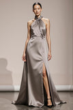 Silver A-Line Halter Evening Dress With Slit