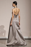 Silver A-Line Halter Evening Dress With Slit