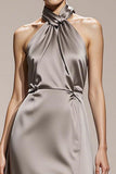 Silver A-Line Halter Evening Dress With Slit