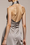 Silver A-Line Halter Evening Dress With Slit