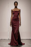 Burgundy Strapless Mermaid Evening Dress With Slit