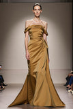 Yellow Off The Shoulder Satin Mermaid Evening Dress