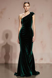 Dark Green One Shoulder Mermaid Velvet Evening Dress