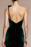 Dark Green One Shoulder Mermaid Velvet Evening Dress