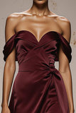 Burgundy Off The Shoulder Satin Evening Dress