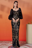 Sparkly Appliques Black Golden Sheath Long Formal Dress