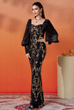 Sparkly Appliques Black Golden Sheath Long Formal Dress