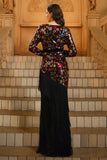 Sparkly Appliques Black V Neck Sheath Long Formal Dress with Fringe