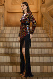 Sparkly Appliques Black V Neck Sheath Long Formal Dress with Fringe