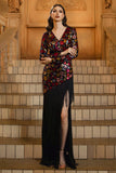 Sparkly Appliques Black V Neck Sheath Long Formal Dress with Fringe
