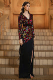 Sparkly Appliques Black V Neck Sheath Long Formal Dress with Fringe