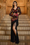 Sparkly Appliques Black V Neck Sheath Long Formal Dress with Fringe