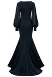 Black V Neck Appliques Mermaid Long Formal Dress