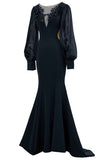 Black V Neck Appliques Mermaid Long Formal Dress