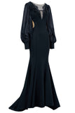 Black V Neck Appliques Mermaid Long Formal Dress