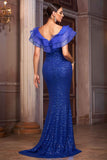 Sparkly Royal Blue V Neck Mermaid Long Formal Dress with Ruffles