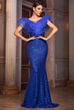 Sparkly Royal Blue V Neck Mermaid Long Formal Dress with Ruffles