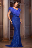Sparkly Royal Blue V Neck Mermaid Long Formal Dress with Ruffles