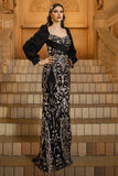 Sparkly Black Golden Appliques Sheath Long Formal Dress with Sleeve
