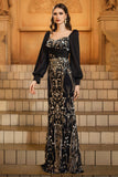 Sparkly Black Golden Appliques Sheath Long Formal Dress with Sleeve