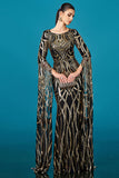 Sparkly Appliques Black Golden Mermaid Long Formal Dress with Sleeve