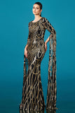 Sparkly Appliques Black Golden Mermaid Long Formal Dress with Sleeve