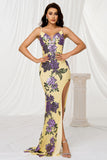 Yellow Mermaid Appliques Spaghetti Straps Prom Dress with Slit