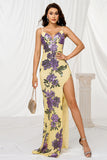 Yellow Mermaid Appliques Spaghetti Straps Prom Dress with Slit
