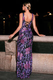 Purple Mermaid Appliques Long Prom Dress with Slit