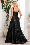 Sparkly Appliques Black A Line Long Prom Dress with Slit