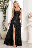 Sparkly Appliques Black A Line Long Prom Dress with Slit