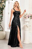Sparkly Appliques Black A Line Long Prom Dress with Slit