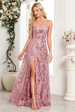 Sparkly Appliques Black A Line Long Prom Dress with Slit