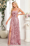 Sparkly Appliques Black A Line Long Prom Dress with Slit